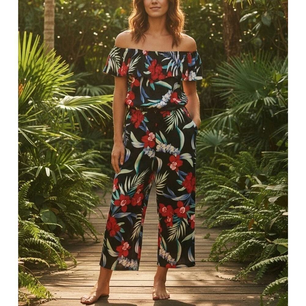 Tommy Bahama Tropical Floral Off Shoulder Jumpsuit Size Small Pockets Beachy